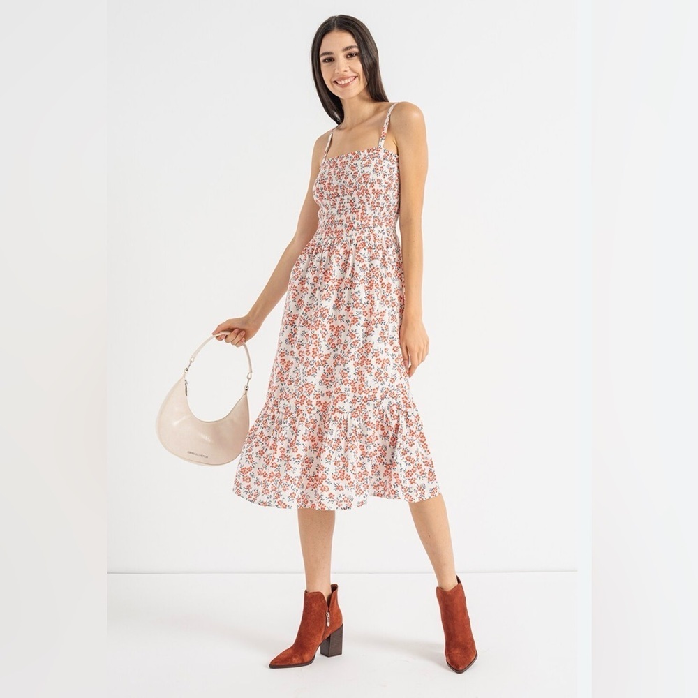 GAP Smocked Midi Tank Dress Floral Square Neckline Red and White Size Large